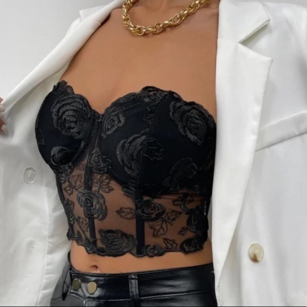Boho black Lace Floral Embroidered Corset Bustier Crop Top - Picture 4 of 16